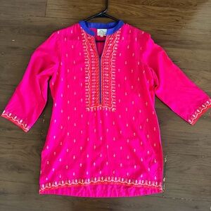 Sabhyata Bright Pink Embroidered Tunic with Blue Trim Size M Pre-owned